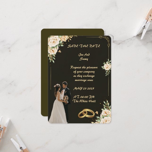 Convite de Casamento Preto e Dourado de Luxo (Frente/Verso In Situ)