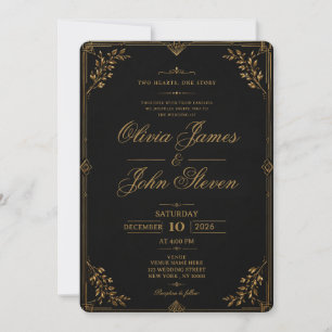 Convite de Casamento Preto e Dourado de Luxo