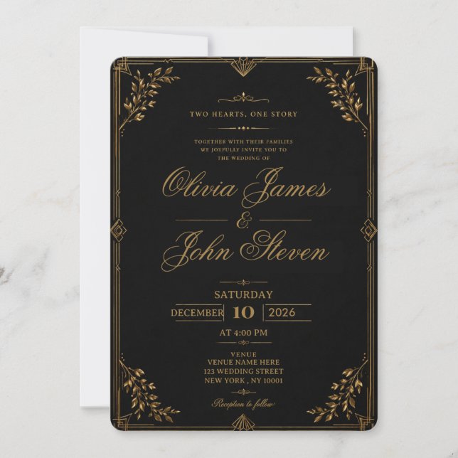 Convite de Casamento Preto e Dourado de Luxo (Frente)