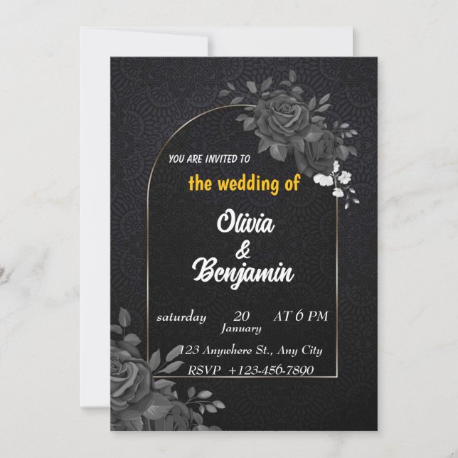 Convite de Casamento Preto e Dourado Elegante (Frente)