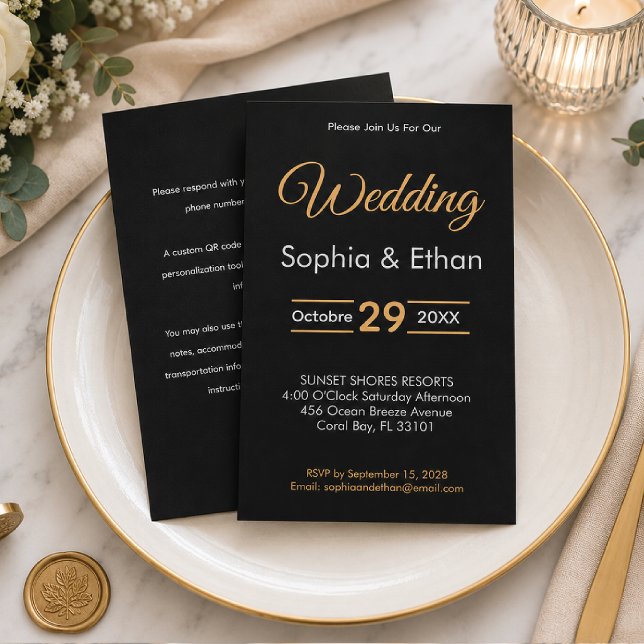 Convite de Casamento Preto e Dourado Elegante (Criador carregado)