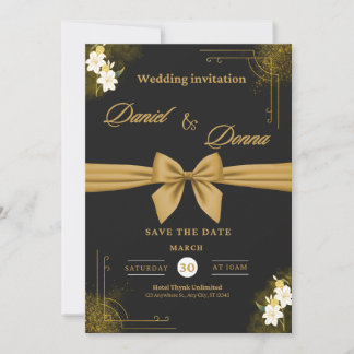 Convite de Casamento Preto e Dourado Elegante |
