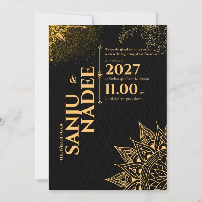 Convite de Casamento Preto e Dourado Elegante (Frente)