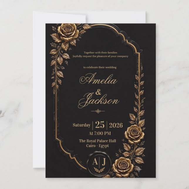 Convite de Casamento Preto e Dourado Elegante (Frente)