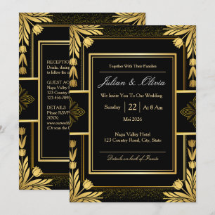 Convite de Casamento Preto e Dourado Gótico