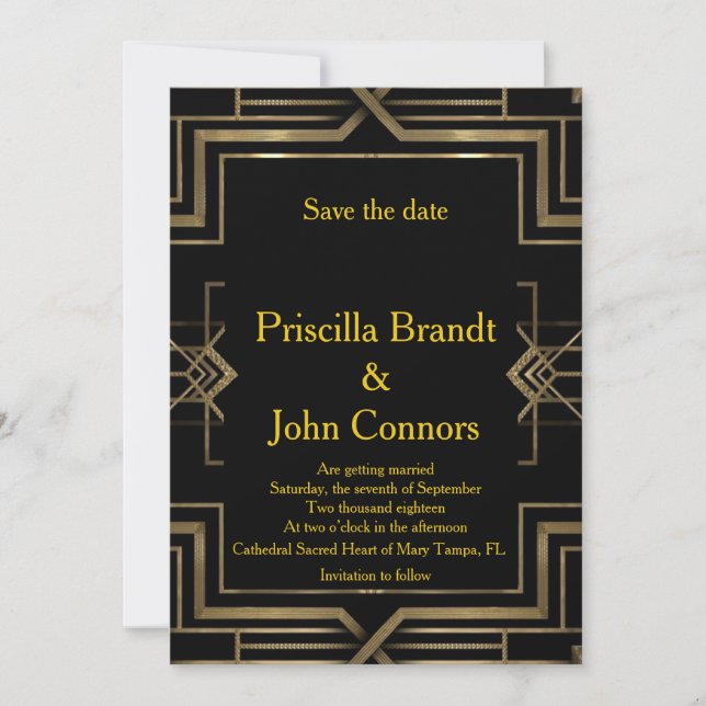 Convite de casamento, preto e dourado, Great-Gatsb (Frente)