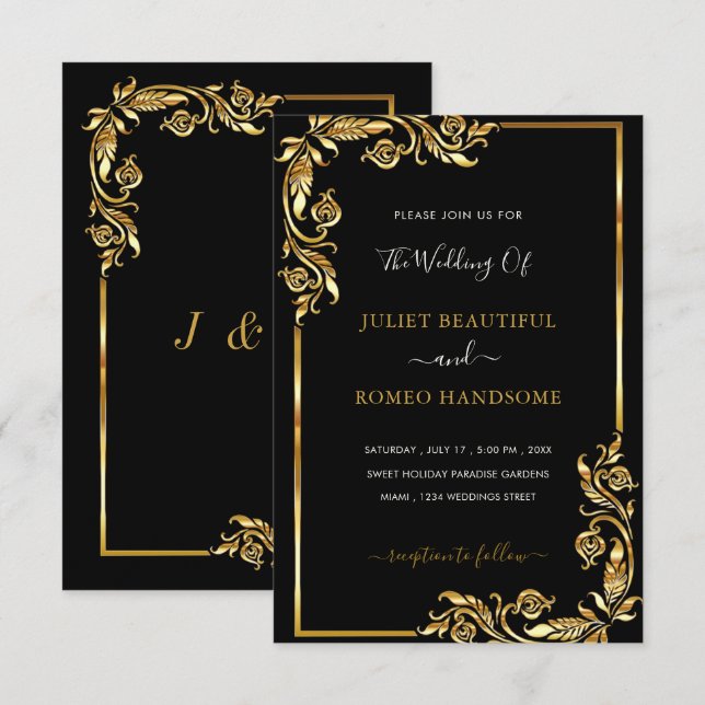 Convite de Casamento Preto e Dourado Projete o Seu (Frente/Verso)
