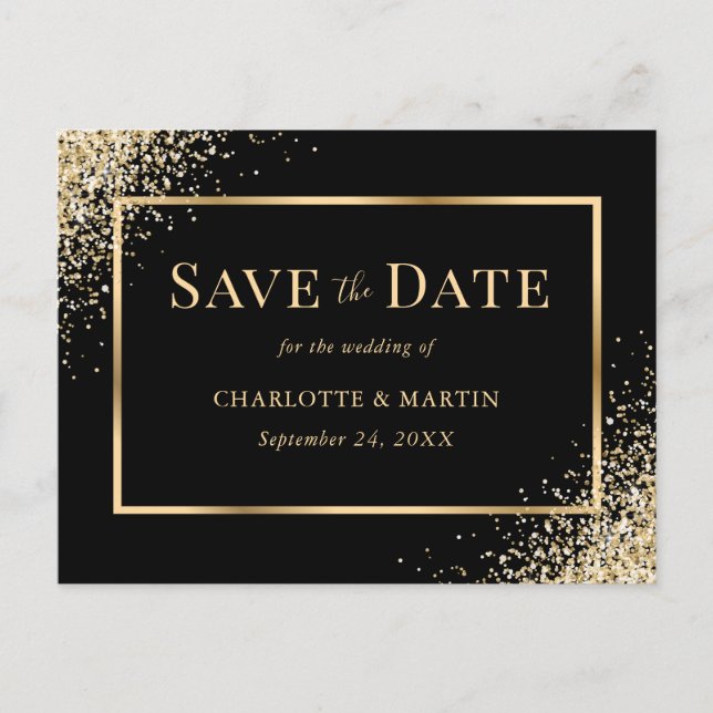 Convite de casamento preto e dourado Save The Date (Frente)