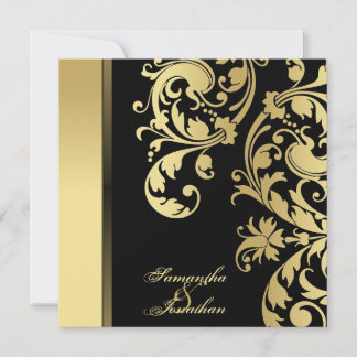 Convite de Casamento Preto e Dourado Shimmer Flora