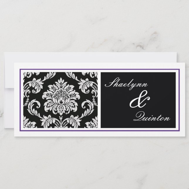 Convite de Casamento Preto e Roxo em Damasko (Frente)