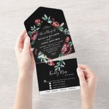 Convite de Casamento Preto e Vermelho Floral Tudo