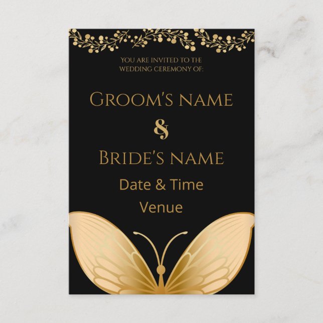 Convite de Casamento Preto Elegante com Borboleta  (Frente)