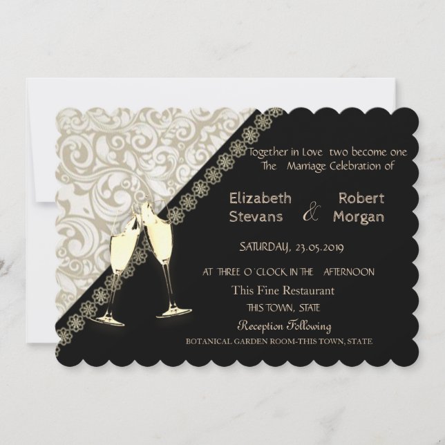 Convite de Casamento Preto Elegante, Damask (Frente)
