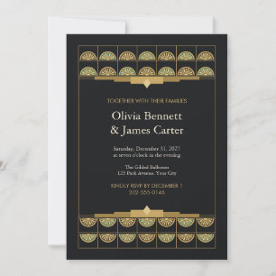Convite de Casamento Preto em Grade de Leque Doura