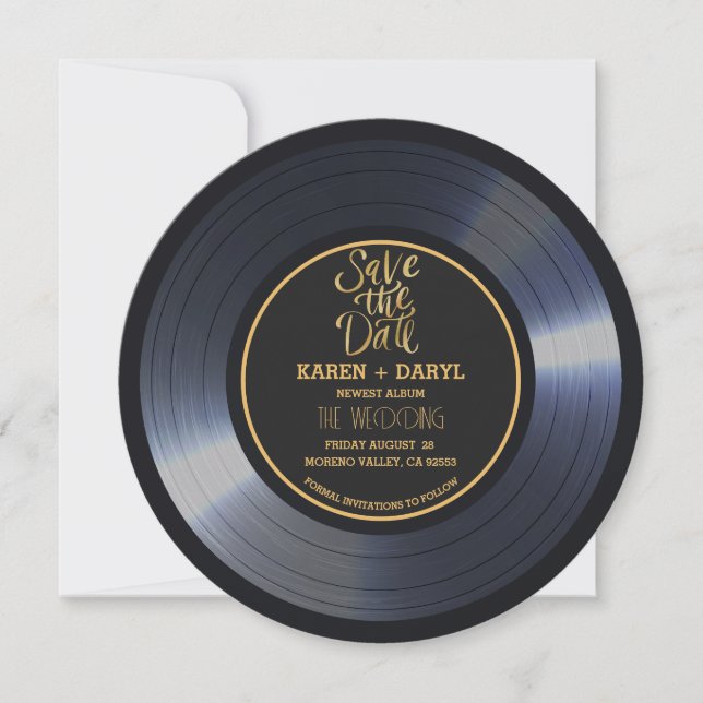 Convite de casamento preto em vinil retrô Save the (Frente)