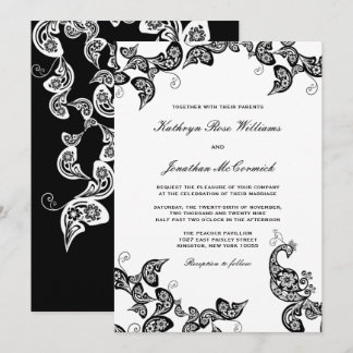 Convite de casamento preto floral chique do pavão