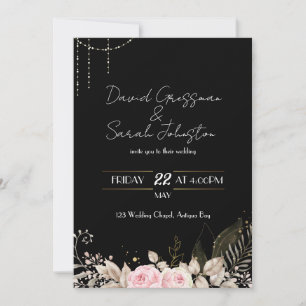 Convite de casamento Preto Floral Rosa e Creme