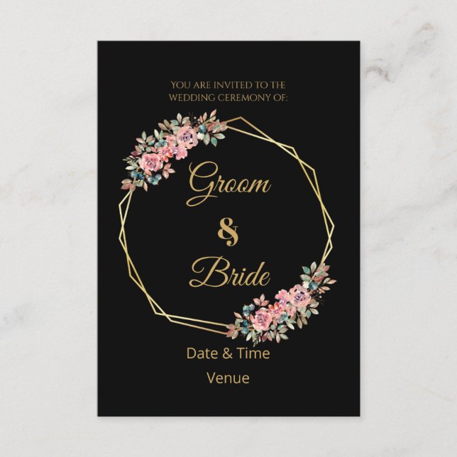 Convite de Casamento Preto Floral Rosa Romântico (Frente)