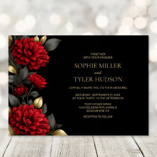 Convite de Casamento Preto Floral Vermelho Elegant