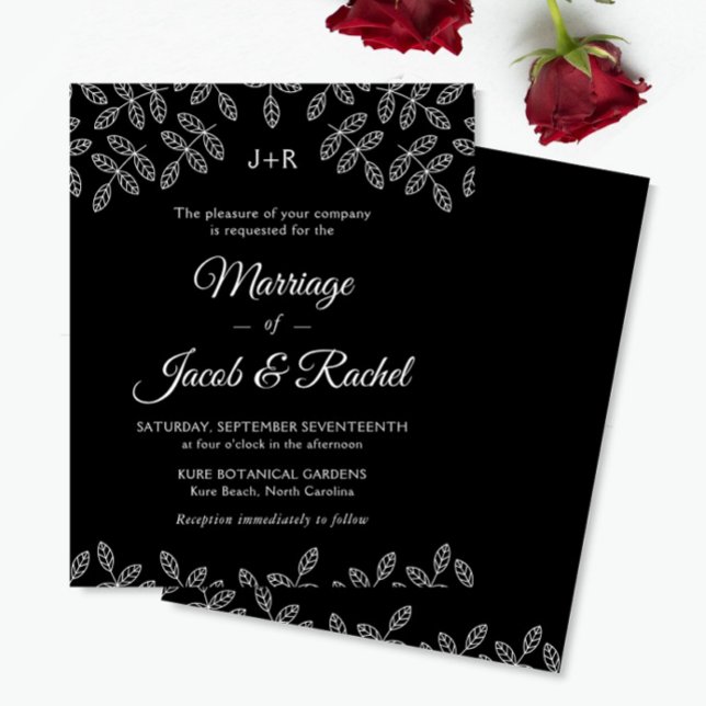Convite de Casamento Preto Folhas de Jardim Elegan (Criador carregado)