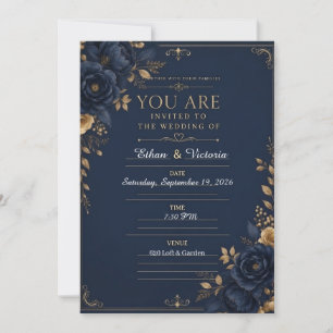 Convite de Casamento Preto Luxuoso com Azul e Borg