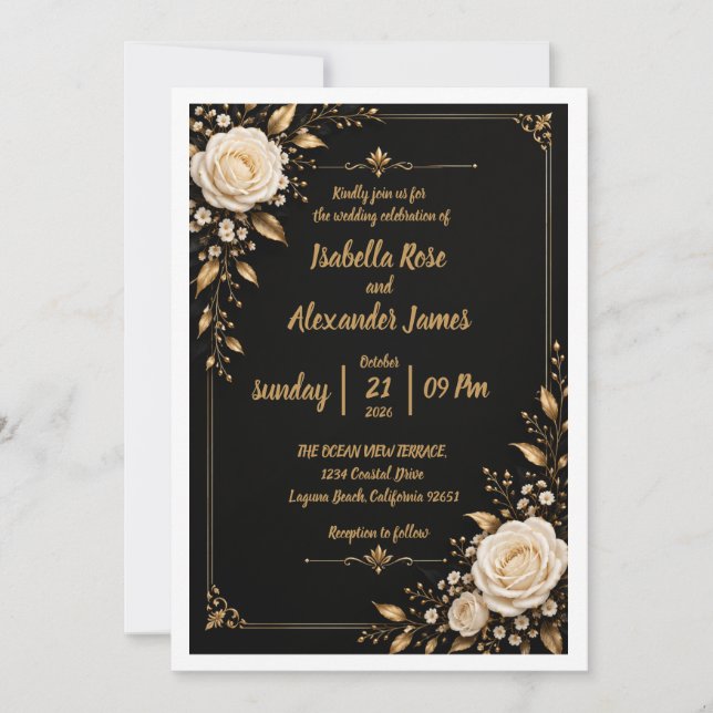 Convite de casamento preto marfim (Frente)
