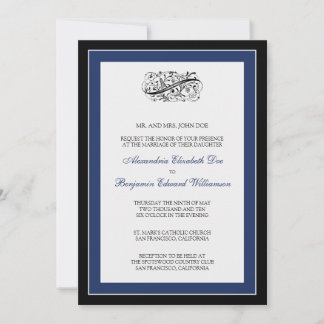 Convite de casamento preto/Marinho 5 x 7 elegante