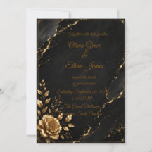 Convite de Casamento Preto Mármore e Dourado de Lu