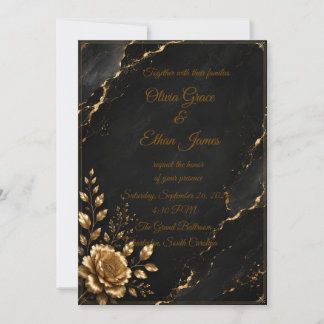 Convite de Casamento Preto Mármore e Dourado de Lu