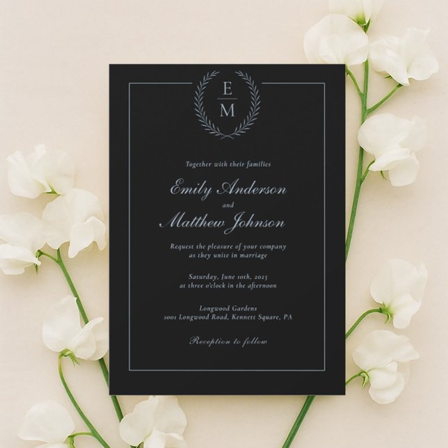 Convite de Casamento Preto Minimalista com Azul (Criador carregado)