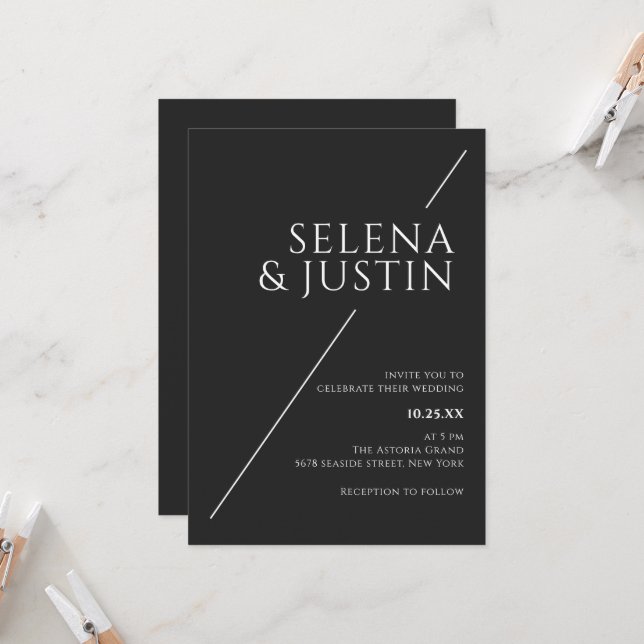 Convite de Casamento Preto Minimalista Moderno Sim (Frente/Verso In Situ)
