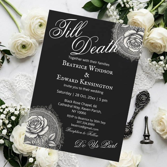 Convite de Casamento Preto Minimalista Monocromáti (Gothic Roses Monochrome Minimalist Black Wedding Invitation)