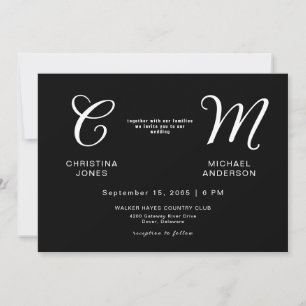 Convite de Casamento Preto Monograma Contemporâneo