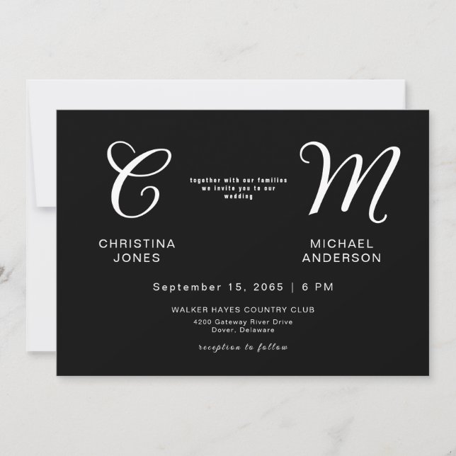 Convite de Casamento Preto Monograma Contemporâneo (Frente)
