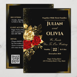 Convite de Casamento Preto Ouro e Rosa Vermelha de
