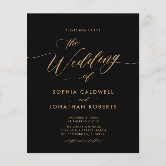 Convite de casamento Preto para Caligrafia Dourada (Frente)