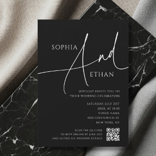 Convite de Casamento Preto QR Code Moody de Roteir