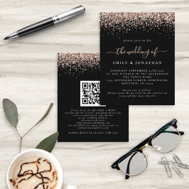 Convite de Casamento Preto QR com Glitter Dourado 