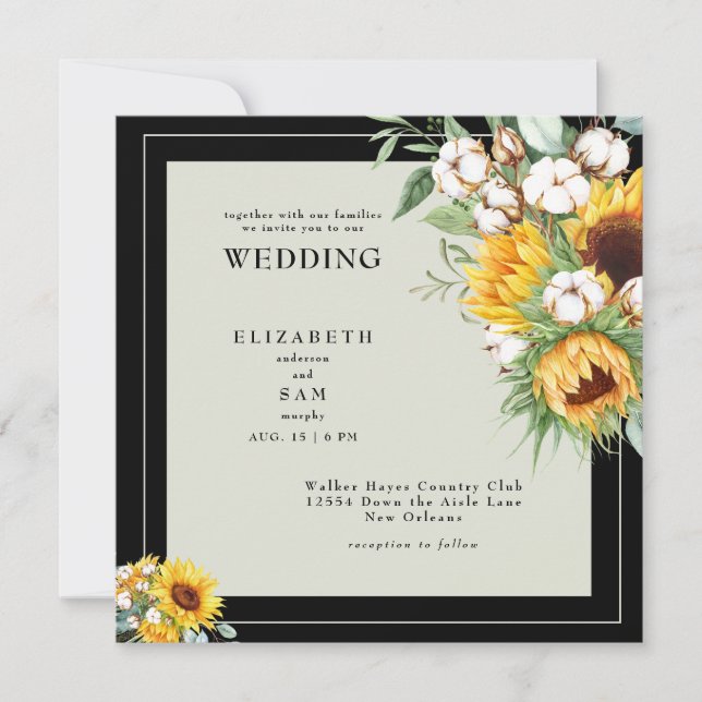 Convite de Casamento Preto Quadrado Boho Girassóis (Frente)
