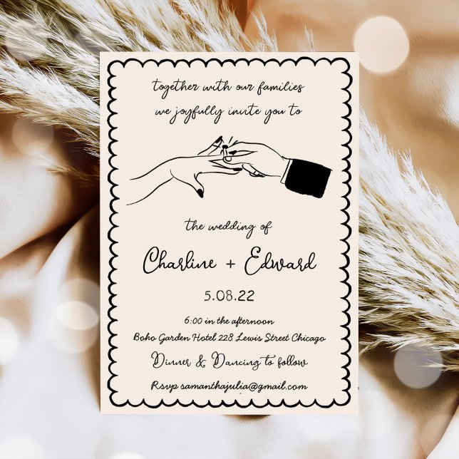 Convite De Casamento Preto Retruso Da Mão Elegante (Criador carregado)