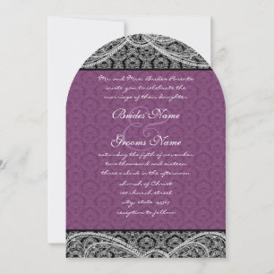 Convite de Casamento Preto Roxo Paisley Damask