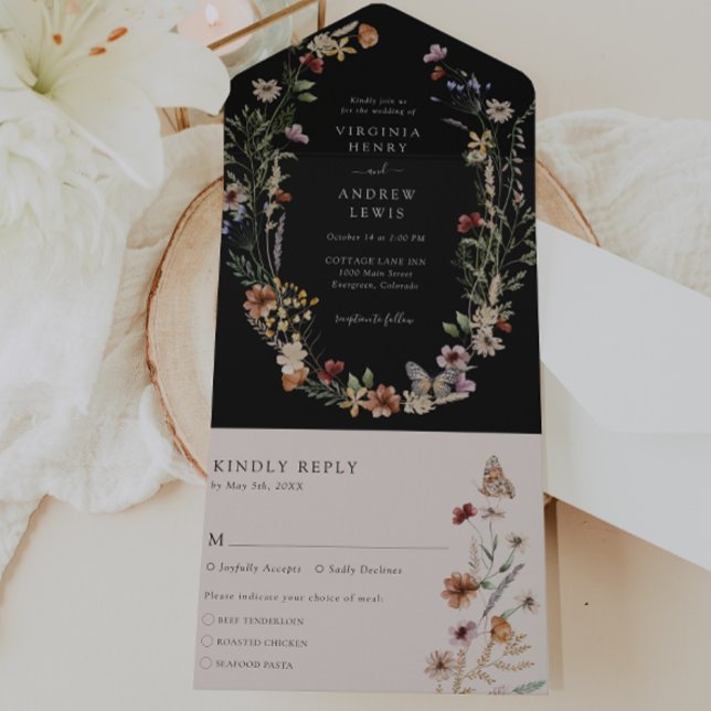 Convite de Casamento Preto Tudo em Um (Black Boho Floral All in One Wedding Invite with Butterfly by Painted Paperie
)