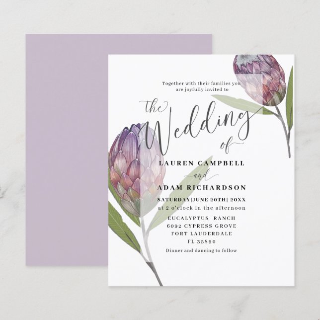 Convite de Casamento Protea Botânica Roxa Orçament (Frente/Verso)