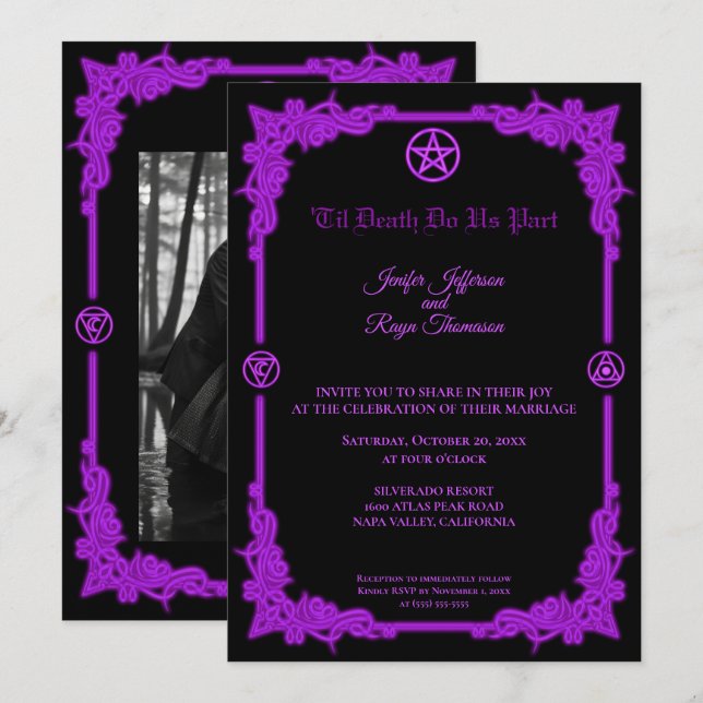 Convite de casamento Purple Glow Gothic Halloween (Frente/Verso)