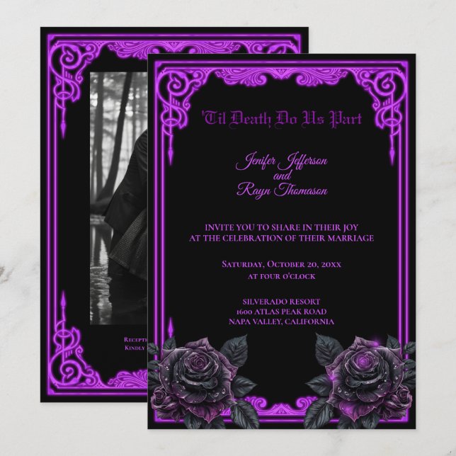 Convite de casamento Purple Glow gótico de Hallowe (Frente/Verso)