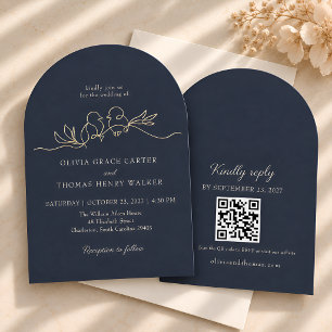 Convite de Casamento QR Azul Naval Pássaros de Amo