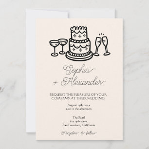 Convite de Casamento QR Bolo Desenhado à Mão Retrô
