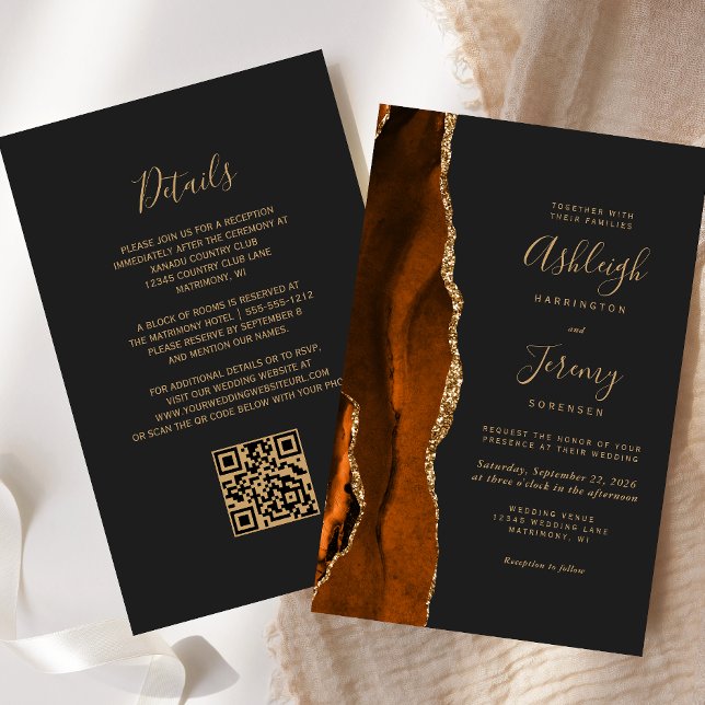 Convite de Casamento QR Code Dark Gold Rust Orçame (Criador carregado)