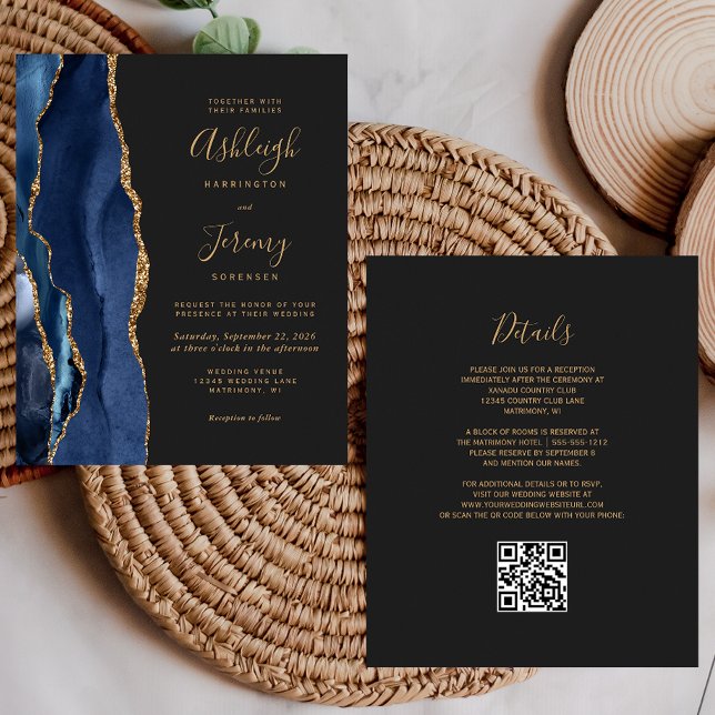 Convite de Casamento QR Code Escuro Dourado Azul N (Criador carregado)