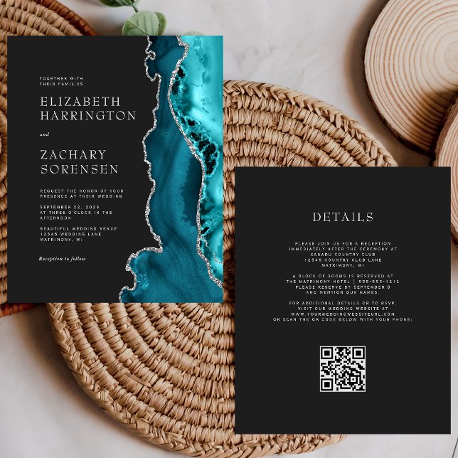 Convite de Casamento QR Code Prata Ágata Verde Bás (Criador carregado)
